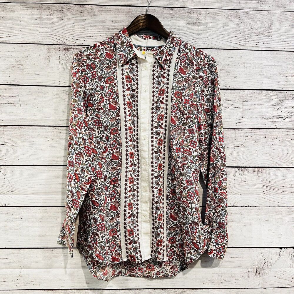 Boden Relaxed Multicolor Linen Floral Blouse Top Shirt Size US 4R Button Down
